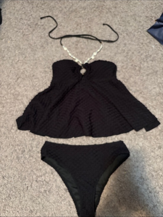 SHEIN Other - SHEIN Black Textured Tankini Set with Rhinestone Halter